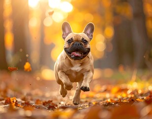 Joyful pup sprints through autumn foliage, sunlit and happy