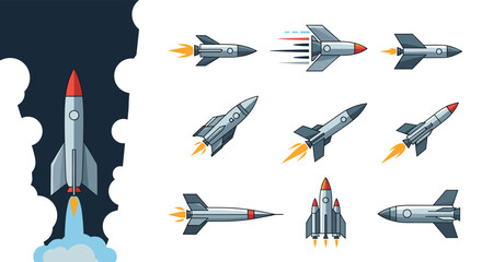 Various pixel art rockets and missiles in a stylized collection, including a large launch vehicle ascending into a dark, cloudy sky.
