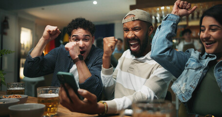 Cellphone, cheering and men in pub for sports game with goal, victory or winning championship....