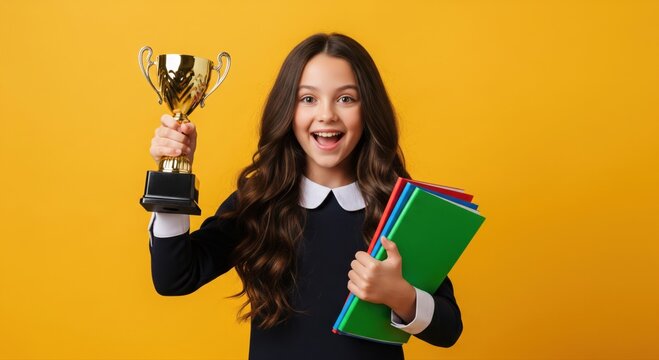 A smiling schoolgirl holds a trophy in one hand and colorful books in the other, celebrating academic achievement against a bright yellow background.​