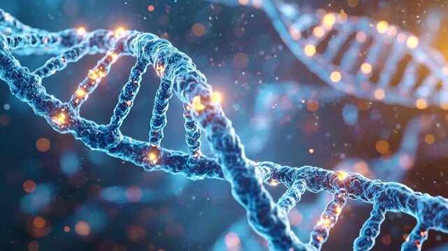 Abstract Blue DNA Strand With Golden Particles And Bokeh Effect Scientific Molecular Helix Structure Futuristic Medical Research And Biotechnology Concept