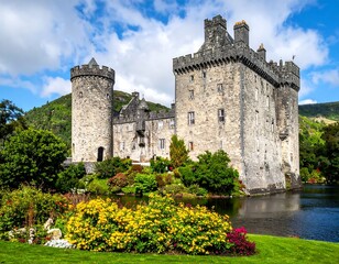 Majestic stone fortress on a lake, surrounded by vibrant flowers, lush greenery, and a blue sky