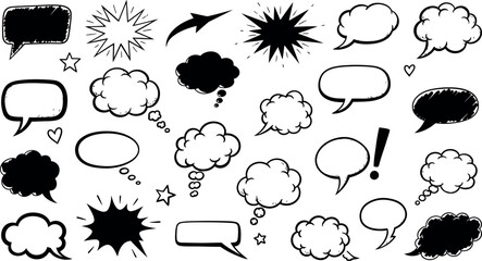 Hand drawn speech thought and comic bubbles communication set
