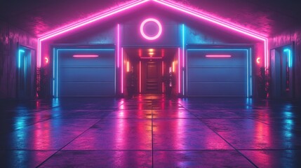 Neon garage, vibrant colors, reflective floor