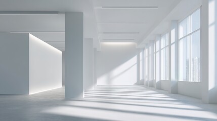 ambient. Minimalist white office space with clean architectural lines, soft shadows, and natural window light. lifestyle magazines.