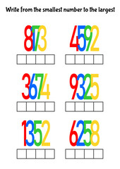 Engaging number sorting activity for kids. Arrange digits from smallest to largest on this printable worksheet