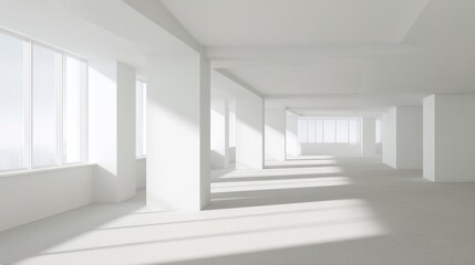 ambient. Minimalist white office space with clean architectural lines, soft shadows, and natural window light. lifestyle magazines.