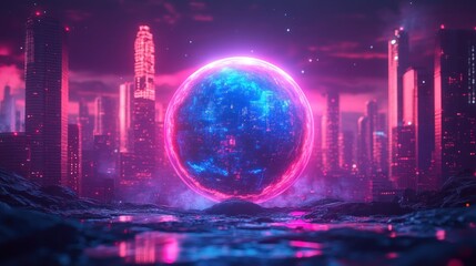 Neon sphere in futuristic cityscape