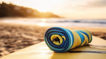 rashguard. A colorful rolled-up rashguard resting on a surfboard at the beach. event key visuals, club posters, designed for fitness apps and gym onboarding, drives event promotion.