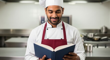 A chef in a white uniform and hat reading a cookbook intently held open in both hands.​