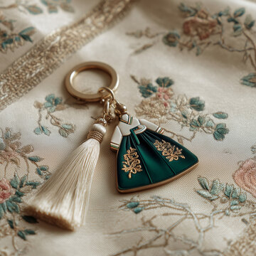 Korean style key chain, emerald green hanbok miniature with gold embroidery details hanging on a silk thread rope, placed on a cream colored linen cloth , ai generated images.
