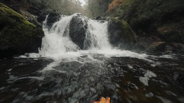Cascading water tumbles over mossy rocks, with autumn leaves floating