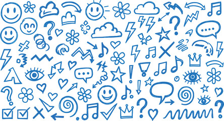 Playful blue doodle pattern featuring various hand-drawn symbols