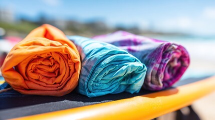 rashguard. A colorful rolled-up rashguard resting on a surfboard at the beach. event key visuals, club posters, designed for fitness apps and gym onboarding, drives event promotion.