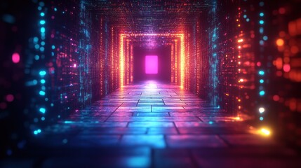 Neon tunnel with glowing data