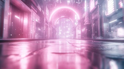 Neon-lit, rain-slicked alleyway, futuristic city