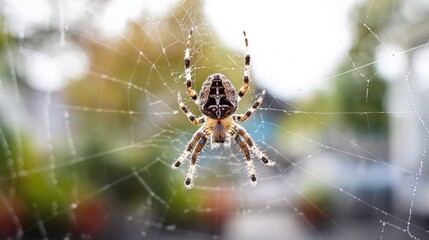 patience. Garden spider at the center of its intricate web with morning dew glistening on the silk. wildlife magazines, conservation campaigns, designed for nature documentaries and education.