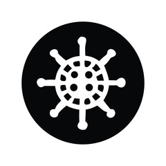 Simple vector icon of a ship's helm inside a black circle. A monochrome symbol representing maritime navigation, control, and nautical voyages. Isolated graphic design element