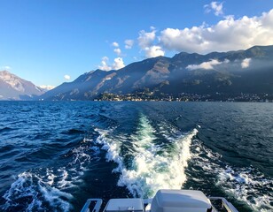Scenic view from a boat, across wavy water towards mountains under a cloudy sky