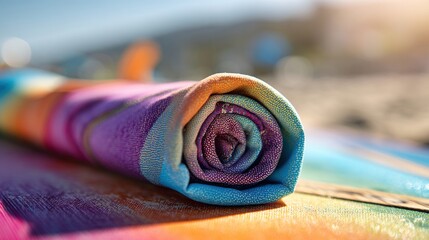 rashguard. A colorful rolled-up rashguard resting on a surfboard at the beach. event key visuals, club posters, designed for fitness apps and gym onboarding, drives event promotion.