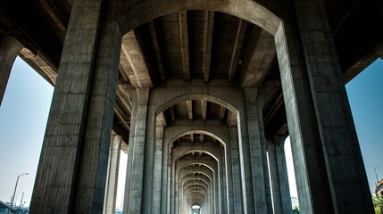 nationalizing. Massive bridge pillar supporting elevated roadway with architectural detail in daylight. real-estate listings.