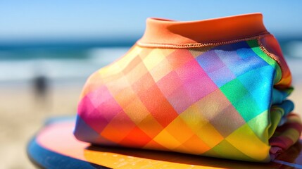 rashguard. A colorful rolled-up rashguard resting on a surfboard at the beach. event key visuals, club posters, designed for fitness apps and gym onboarding, drives event promotion.