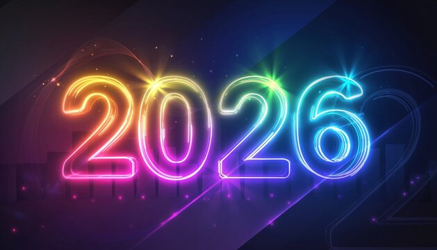 A vibrant glowing 2026 text artwork featuring colorful light effects and playful creative styling