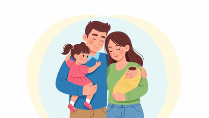 Loving Family Embracing New Baby and Young Daughter.