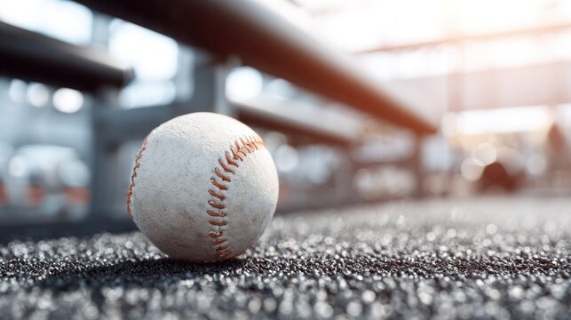 Close up of a baseball on artificial turf with blurred background