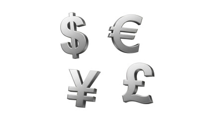 Four silver currency symbols, dollar, euro, yen, and pound, arranged on a black background