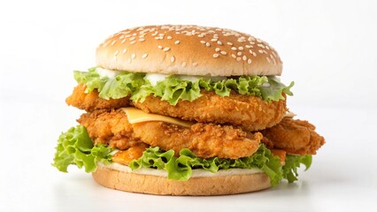 A delicious grilled beef cheeseburger with melted cheese, lettuce, tomato, and onion on a sesame seed bun, served as a fast food snack meal isolated on a white plate background