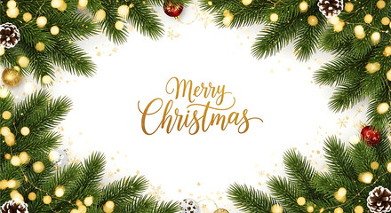 Christmas frame of fir, lights, pinecones, ornaments, and merry christmas greeting, isolated on white background