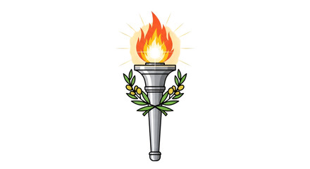 Illuminated silver torch with vibrant flame and olive branch on a stark black background design.