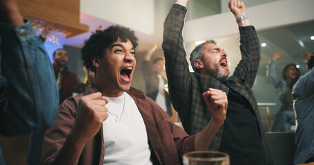 Man, group and celebration at sports bar, watching tv or fist pump for goal in soccer competition. People, friends and excited with cheers, football match or live stream for international game at pub © Wess/peopleimages.com