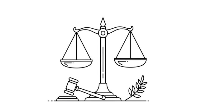 Minimalist outline depicting justice with scales, gavel, and laurel branch on black background.