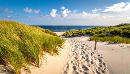 Sandy path leads to the sunlit ocean under a bright, cloudy sky
