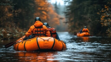 Orange raft with people, autumn forest river