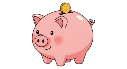Pink piggy bank with a smiling face receiving a golden coin in a cartoon illustration style.