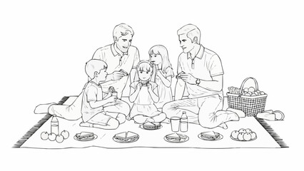 Family enjoying a picnic outdoors, sharing food and conversation.
