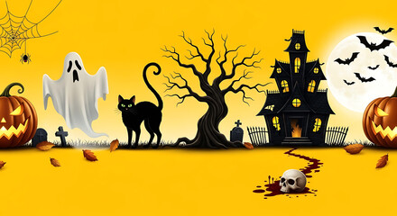 Spooky halloween night scene with a haunted house, full moon, pumpkins, ghost, black cat, and bare tree on a vibrant yellow background