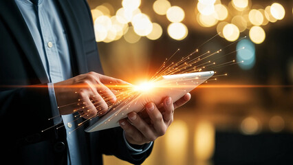 Businessman using tablet with glowing light effects in an urban night setting