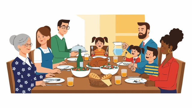A diverse multi-generational family enjoying a festive meal together at a dining table.