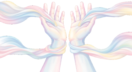 Two hands tenderly holding flowing pastel ribbons, illustration in delicate, ethereal style.