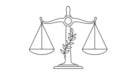 White line drawing on black displays justice balance, symbolizing impartiality and legal fairness.