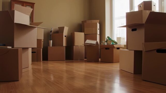 Home moving video, cardboard boxes in a spacious empty room, real estate and relocation concept,