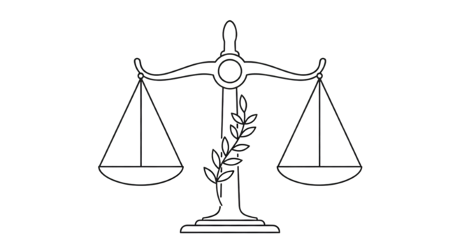 White line drawing on black displays justice balance, symbolizing impartiality and legal fairness.