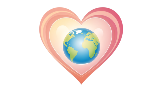 World globe enclosed in a heart shape representing love for our planet and global well-being.