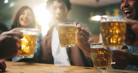 Hands, friends and cheers with beer at pub for world cup win, football match celebration or bonding. Happy hour, group and people with drinks toast in bar for sports game success, night out and flare