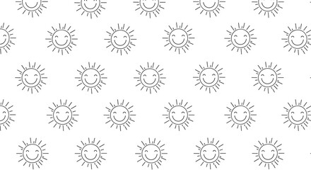Seamless pattern of simple line art smiling suns with radiating rays on a white background.