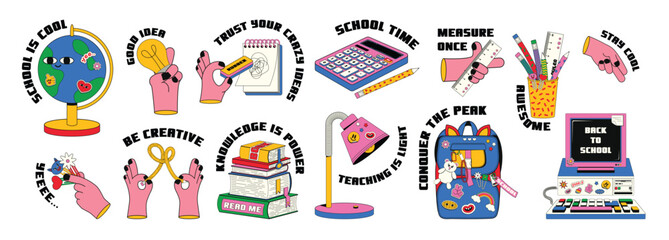 Backtoschool retro stickers globe books and computer
